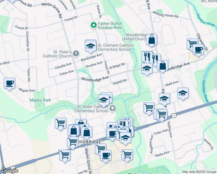 map of restaurants, bars, coffee shops, grocery stores, and more near 110 Houston Road in Vaughan
