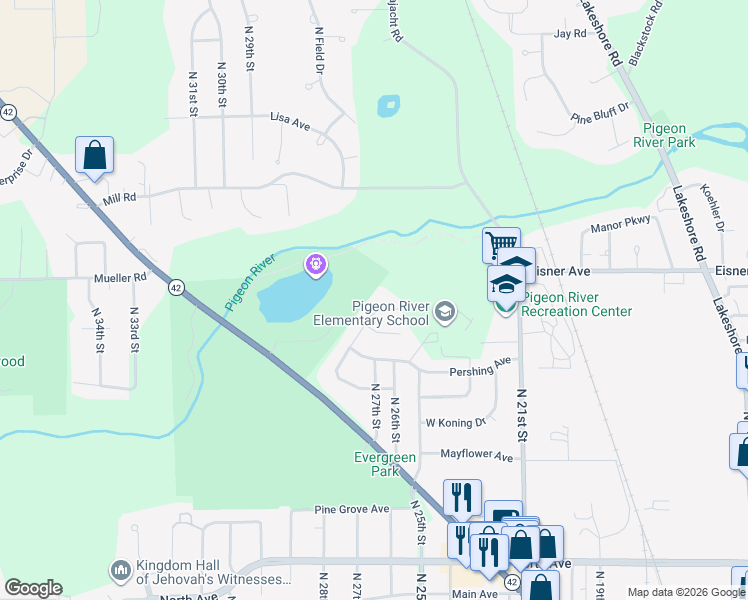 map of restaurants, bars, coffee shops, grocery stores, and more near 2708 Eisner Avenue in Sheboygan
