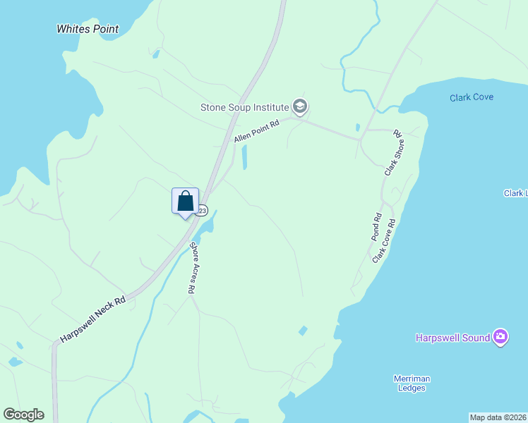 map of restaurants, bars, coffee shops, grocery stores, and more near Mallard Pond Road in Harpswell
