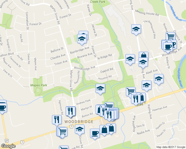 map of restaurants, bars, coffee shops, grocery stores, and more near 49 Lewis Drive in Vaughan