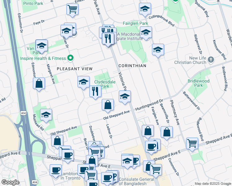 map of restaurants, bars, coffee shops, grocery stores, and more near 71 Clydesdale Drive in Toronto