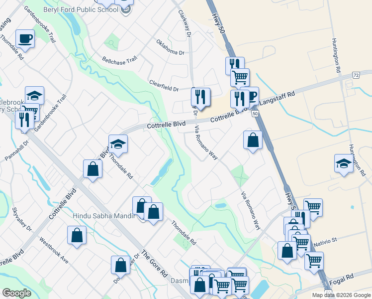 map of restaurants, bars, coffee shops, grocery stores, and more near 38 Goreridge Crescent in Brampton