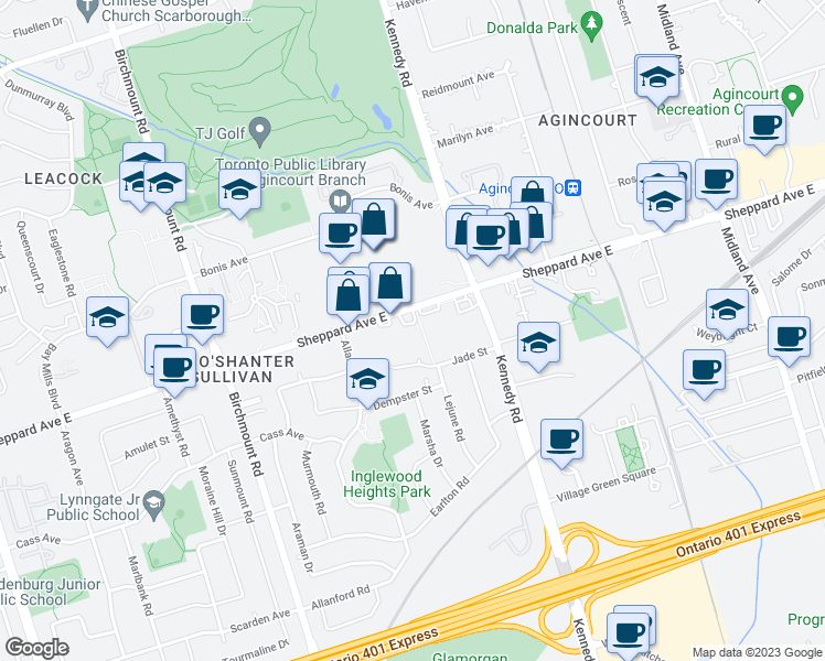 map of restaurants, bars, coffee shops, grocery stores, and more near 3845 Sheppard Avenue East in Toronto