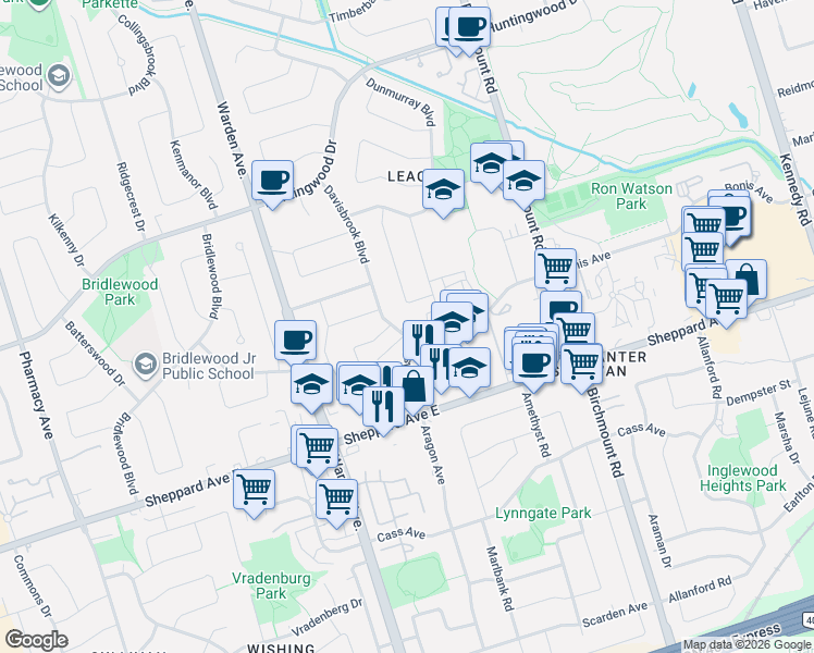 map of restaurants, bars, coffee shops, grocery stores, and more near 1 Davisbrook Boulevard in Toronto
