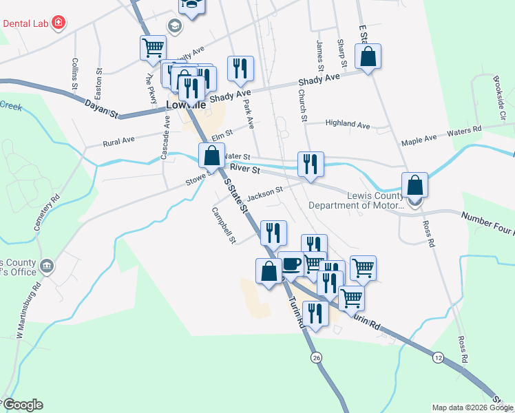 map of restaurants, bars, coffee shops, grocery stores, and more near 7466 E Si S State St in Lowville