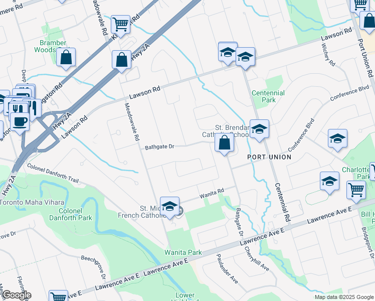 map of restaurants, bars, coffee shops, grocery stores, and more near 140 Bathgate Drive in Toronto