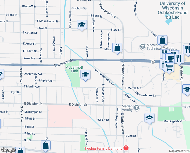 map of restaurants, bars, coffee shops, grocery stores, and more near 146 Meadowbrook Boulevard in Fond du Lac