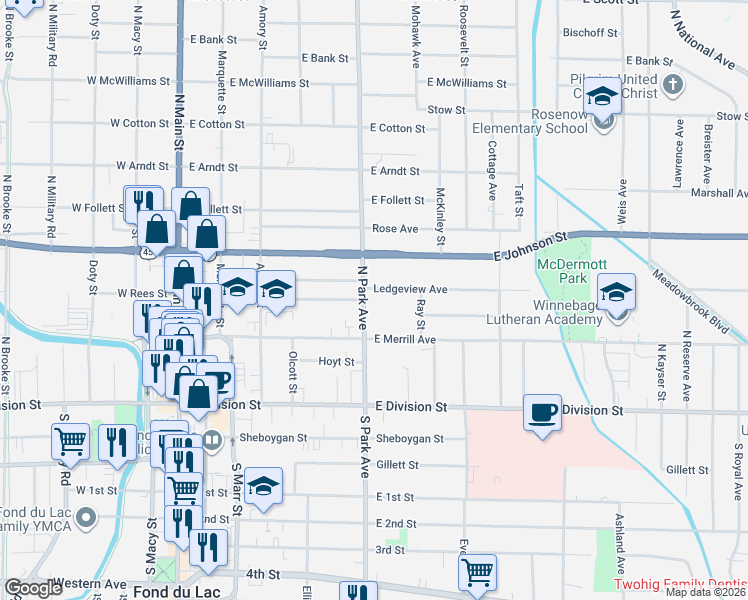 map of restaurants, bars, coffee shops, grocery stores, and more near 113 North Park Avenue in Fond du Lac