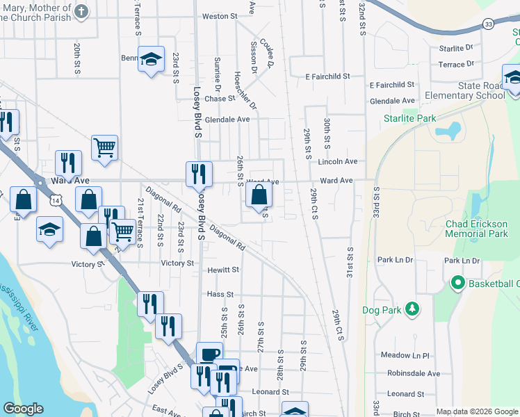map of restaurants, bars, coffee shops, grocery stores, and more near 2819 27th Street South in La Crosse