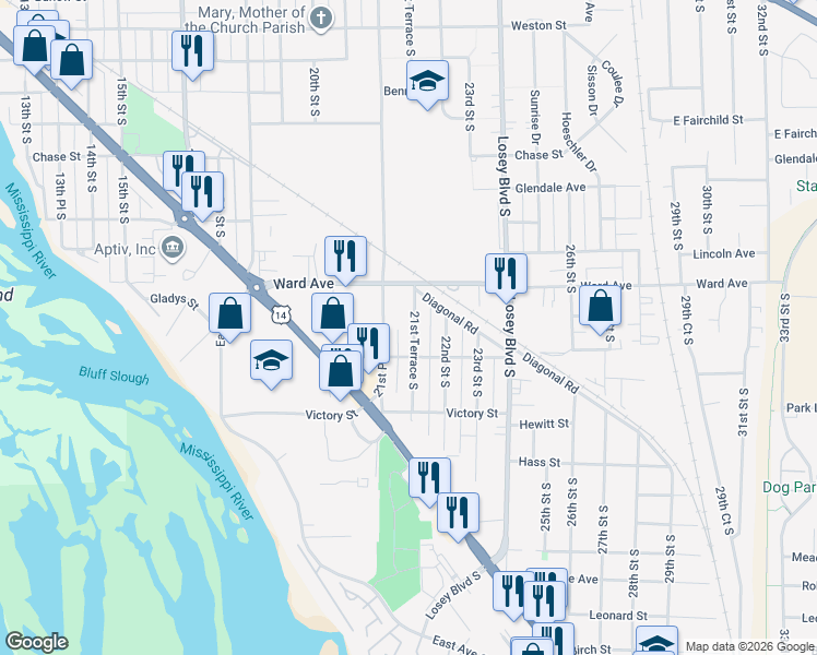 map of restaurants, bars, coffee shops, grocery stores, and more near 2845 21st Place South in La Crosse