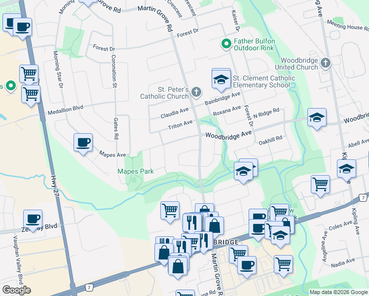 map of restaurants, bars, coffee shops, grocery stores, and more near 86 Harris Crescent in Vaughan