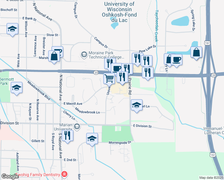 map of restaurants, bars, coffee shops, grocery stores, and more near 129 University Drive in Fond du Lac