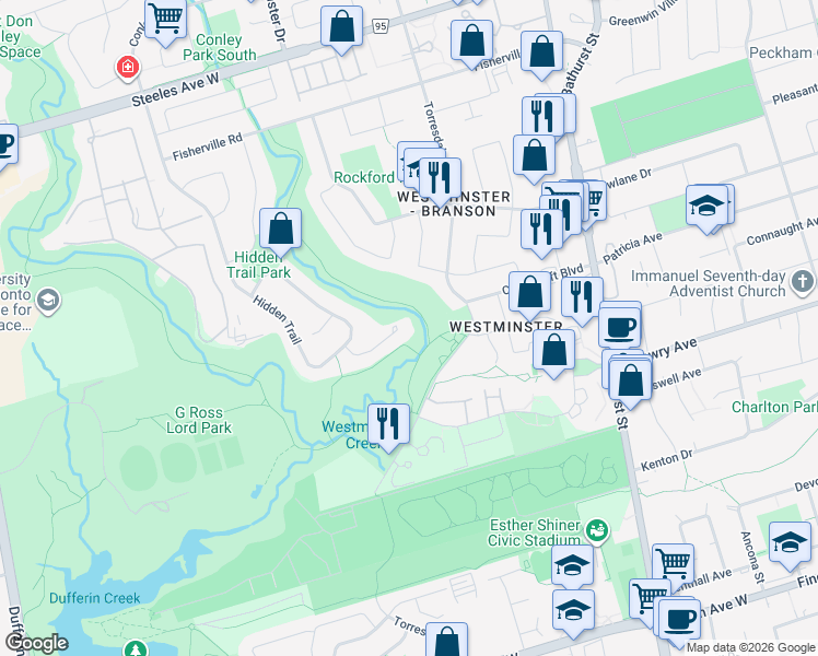 map of restaurants, bars, coffee shops, grocery stores, and more near 27 Carriage Lane in Toronto