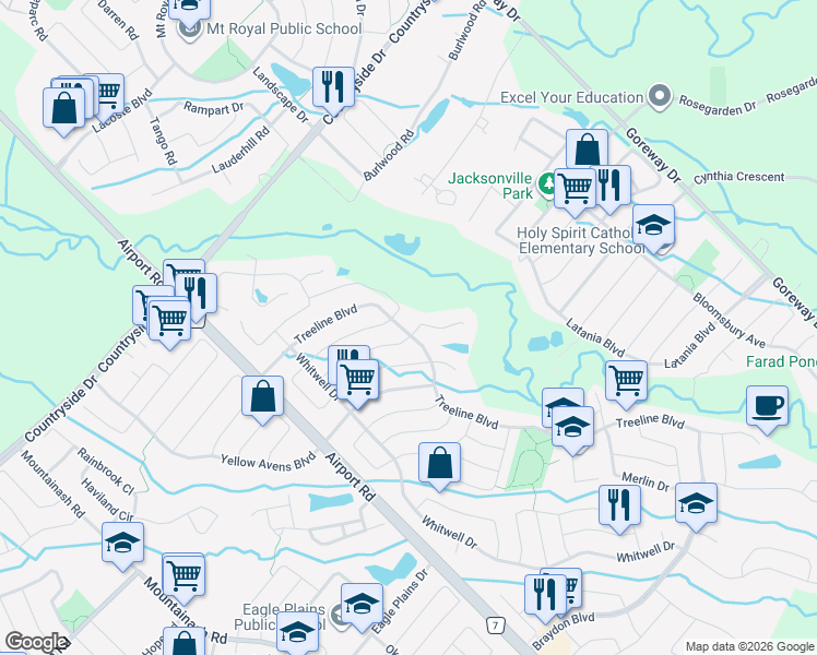 map of restaurants, bars, coffee shops, grocery stores, and more near 2 Maltby Court in Brampton