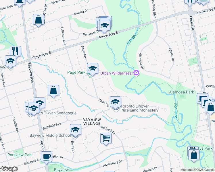 map of restaurants, bars, coffee shops, grocery stores, and more near 18 Viamede Crescent in Toronto