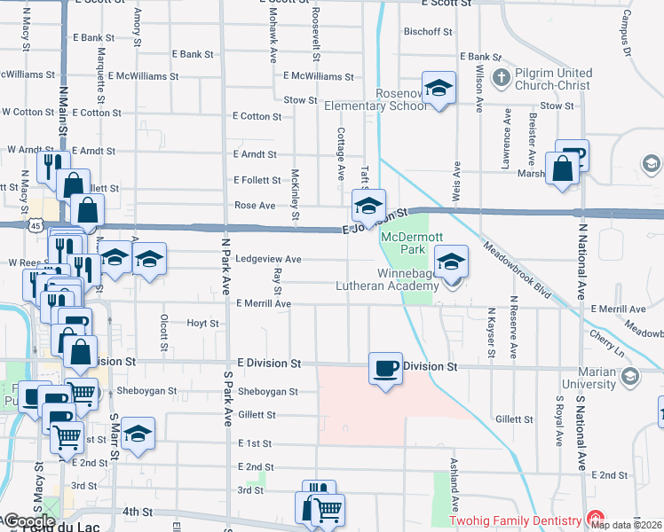 map of restaurants, bars, coffee shops, grocery stores, and more near 340 Ledgeview Avenue in Fond du Lac