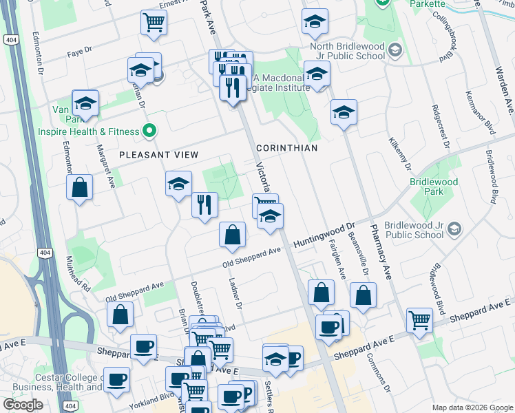 map of restaurants, bars, coffee shops, grocery stores, and more near 81 Clydesdale Drive in Toronto