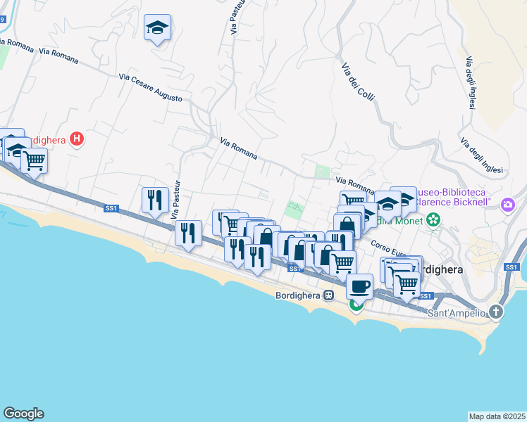 map of restaurants, bars, coffee shops, grocery stores, and more near 6A Via Villa Franca in Bordighera