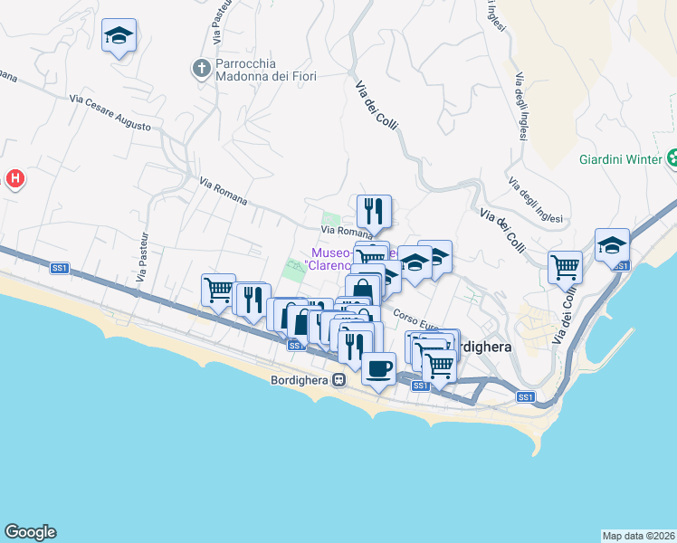 map of restaurants, bars, coffee shops, grocery stores, and more near 13 Via Quintino Sella in Bordighera