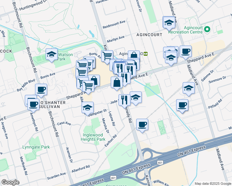 map of restaurants, bars, coffee shops, grocery stores, and more near in Toronto
