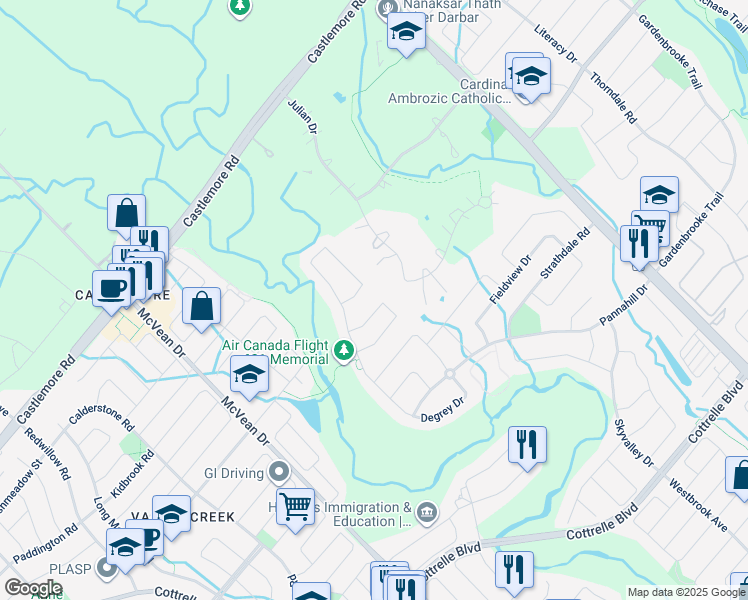 map of restaurants, bars, coffee shops, grocery stores, and more near 34 Compassion Cres in Brampton