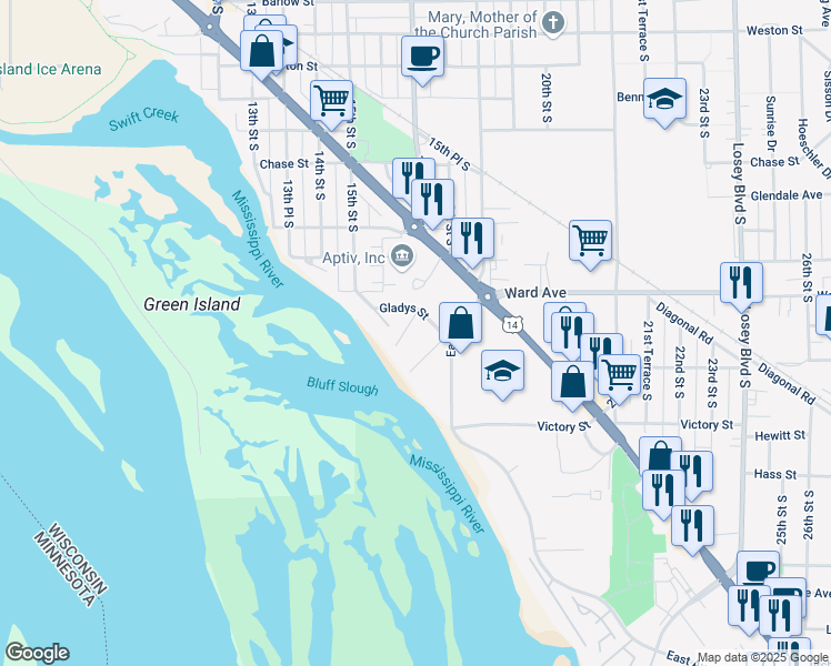map of restaurants, bars, coffee shops, grocery stores, and more near 2902 East Avenue South in La Crosse