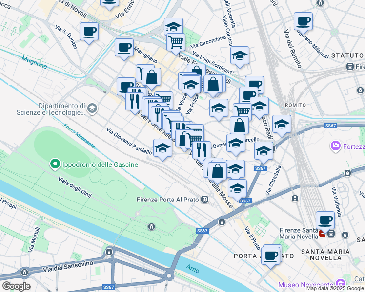 map of restaurants, bars, coffee shops, grocery stores, and more near 123-131 Via del Ponte alle Mosse in Firenze