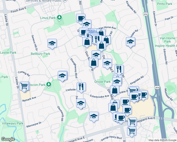 map of restaurants, bars, coffee shops, grocery stores, and more near 2980 Don Mills Road in Toronto