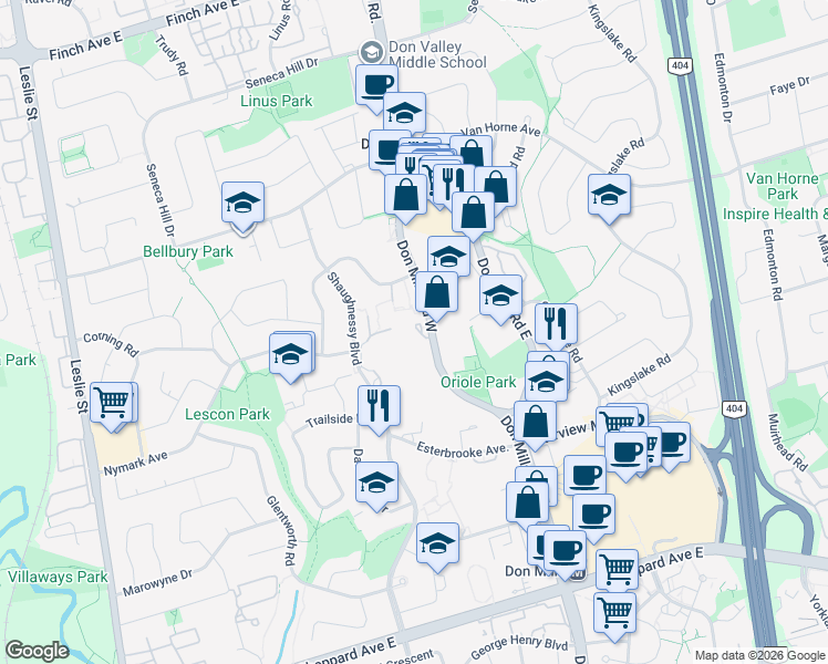 map of restaurants, bars, coffee shops, grocery stores, and more near 2980 Don Mills Road West in Toronto