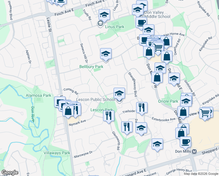map of restaurants, bars, coffee shops, grocery stores, and more near 15 Prattley Drive in Toronto