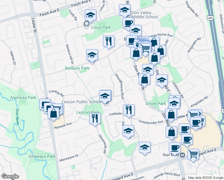 map of restaurants, bars, coffee shops, grocery stores, and more near 39 Prattley Drive in Toronto