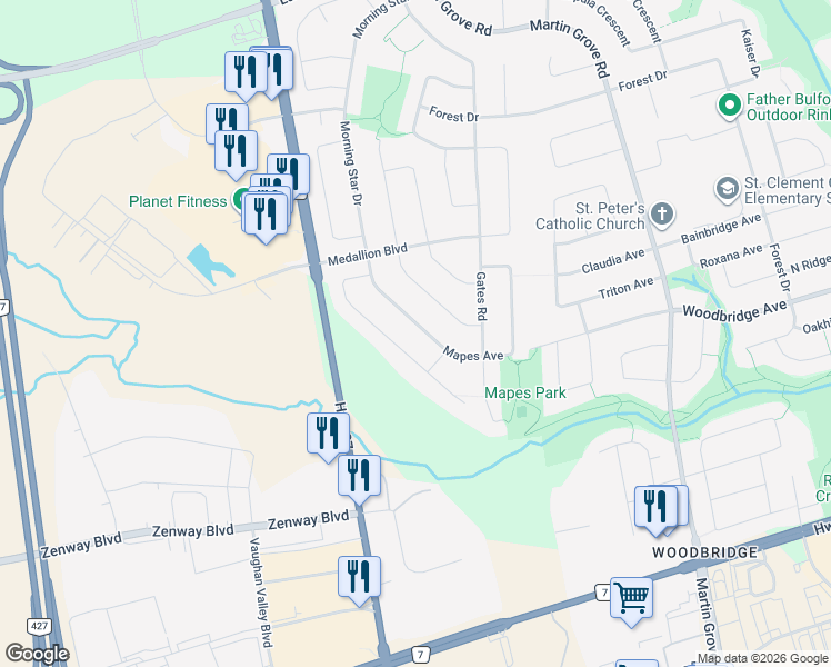 map of restaurants, bars, coffee shops, grocery stores, and more near 92 Mapes Avenue in Vaughan