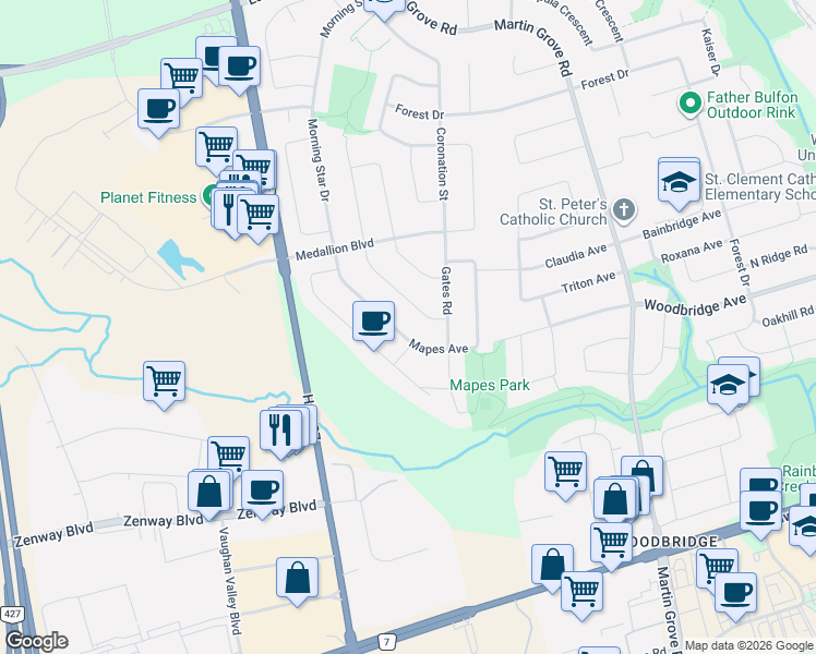 map of restaurants, bars, coffee shops, grocery stores, and more near 115 Mapes Avenue in Vaughan