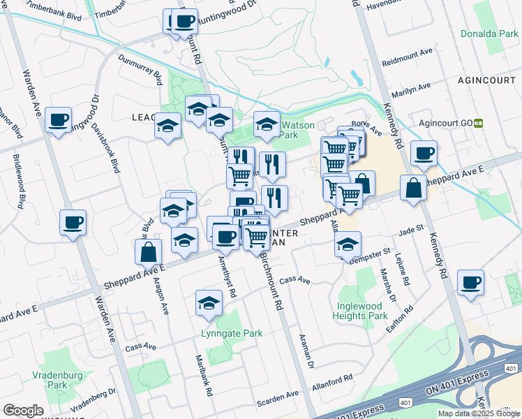 map of restaurants, bars, coffee shops, grocery stores, and more near 20 Carabob Court in Toronto