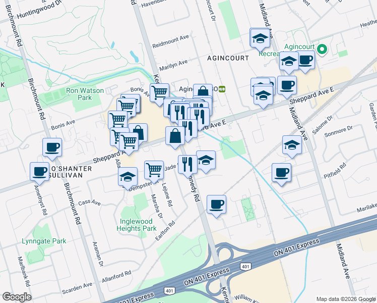 map of restaurants, bars, coffee shops, grocery stores, and more near 2235 Kennedy Road in Toronto