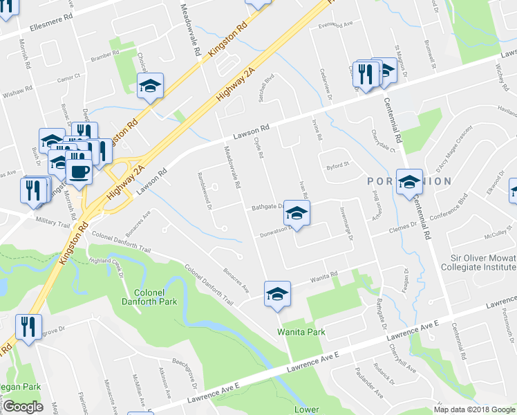 map of restaurants, bars, coffee shops, grocery stores, and more near 162 Bathgate Drive in Toronto