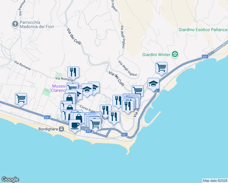 map of restaurants, bars, coffee shops, grocery stores, and more near 28 Via Virgilio in Bordighera