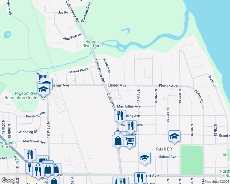 map of restaurants, bars, coffee shops, grocery stores, and more near 3427 Lakeshore Road in Sheboygan