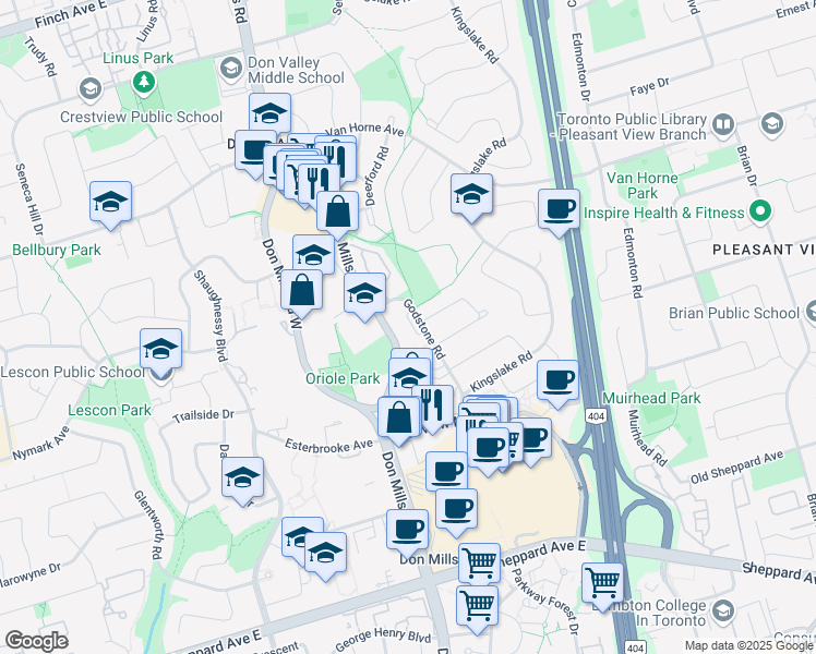 map of restaurants, bars, coffee shops, grocery stores, and more near 40 Godstone Road in Toronto