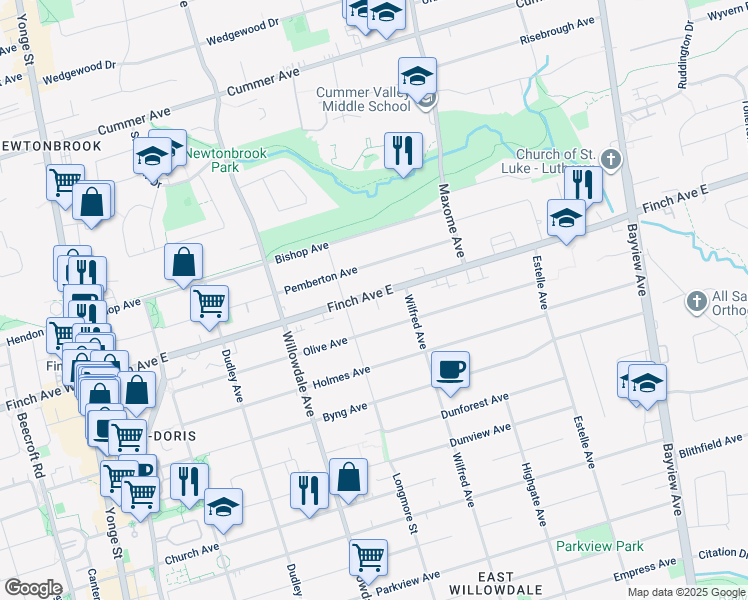map of restaurants, bars, coffee shops, grocery stores, and more near in Toronto