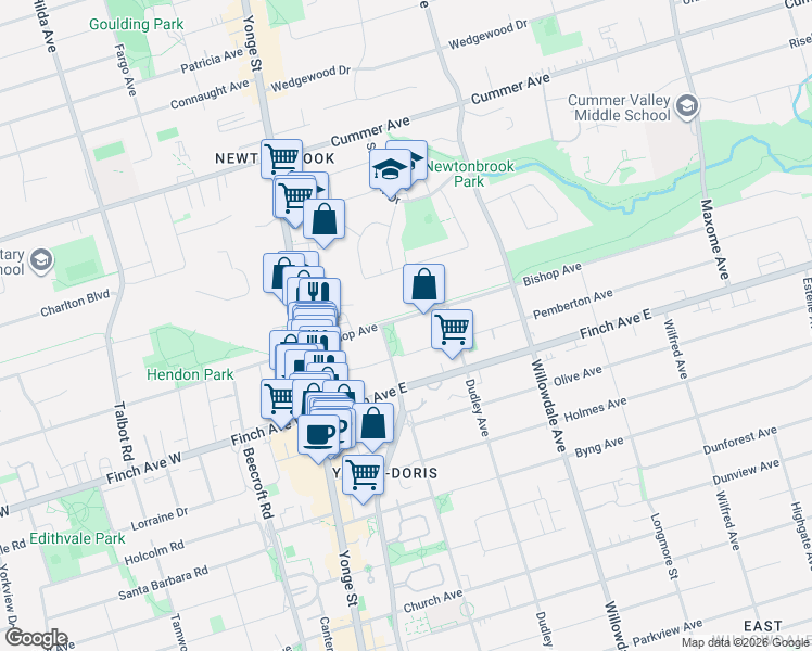 map of restaurants, bars, coffee shops, grocery stores, and more near in Toronto