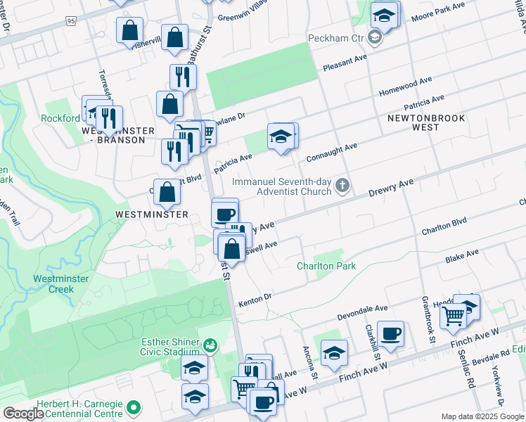 map of restaurants, bars, coffee shops, grocery stores, and more near in Toronto