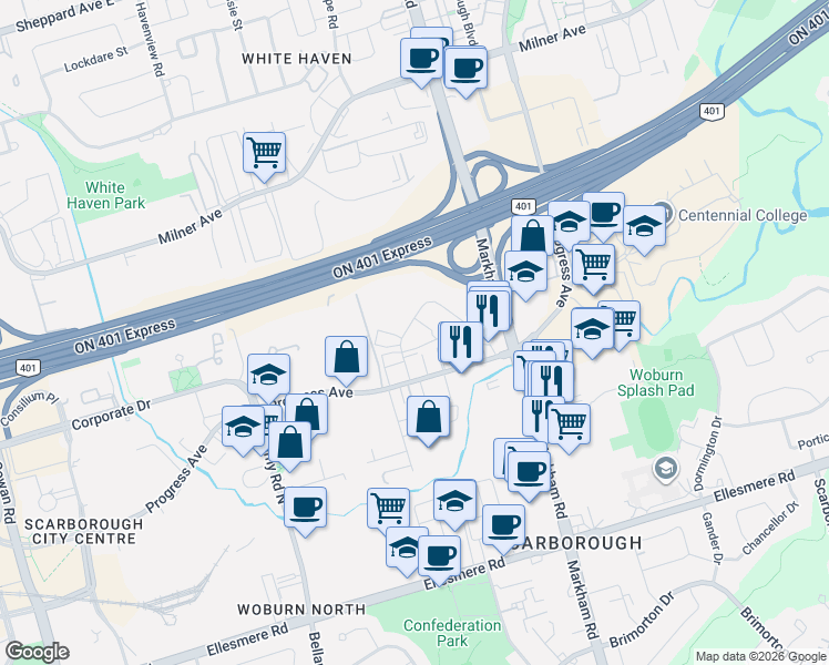 map of restaurants, bars, coffee shops, grocery stores, and more near 27 Estate Drive in Toronto