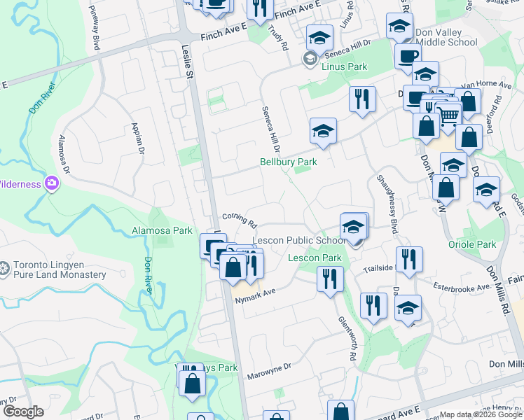 map of restaurants, bars, coffee shops, grocery stores, and more near 63 Lesgay Crescent in Toronto