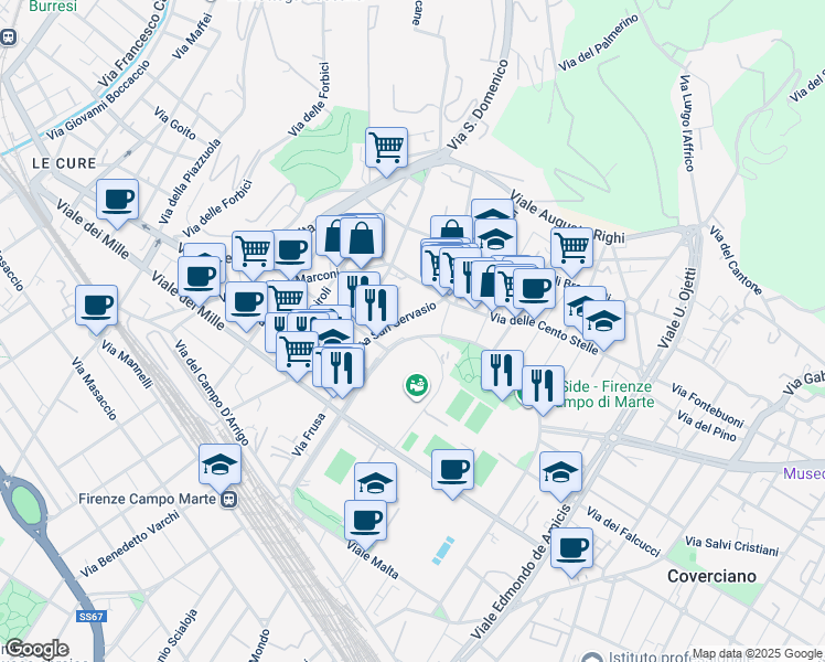 map of restaurants, bars, coffee shops, grocery stores, and more near 53 Viale Manfredo Fanti in Firenze