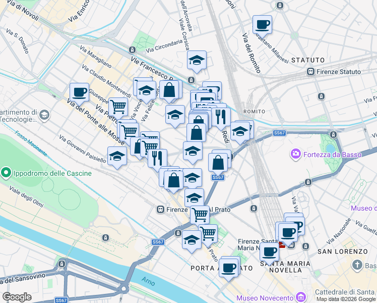 map of restaurants, bars, coffee shops, grocery stores, and more near 28 Via Marcello Benedetto in Florence