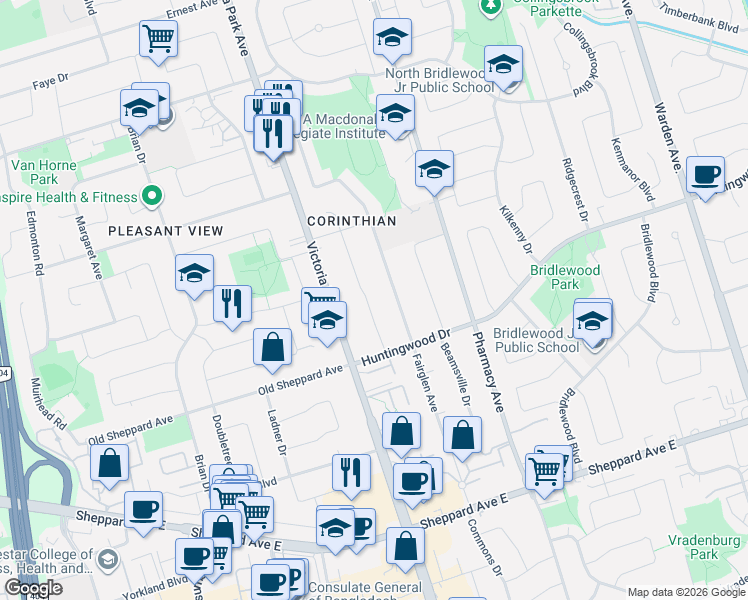 map of restaurants, bars, coffee shops, grocery stores, and more near 25 Leafield Drive in Toronto