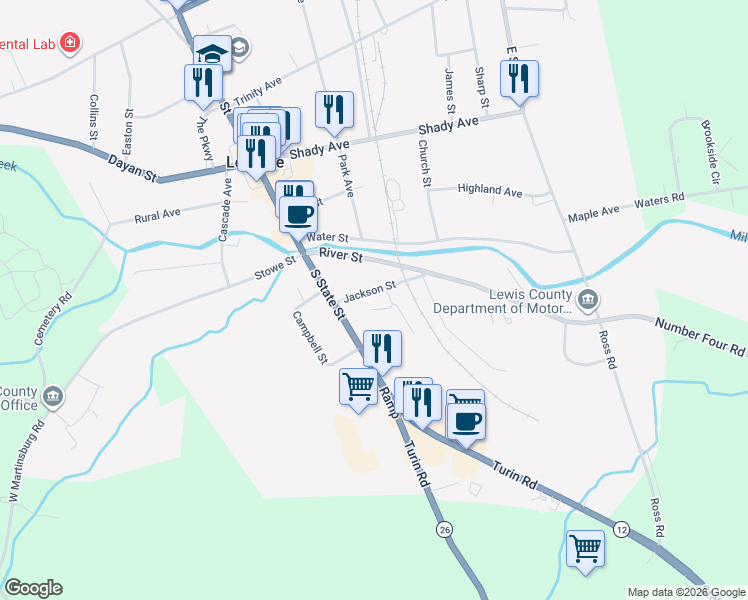 map of restaurants, bars, coffee shops, grocery stores, and more near 7466 E Si S State St in Lowville