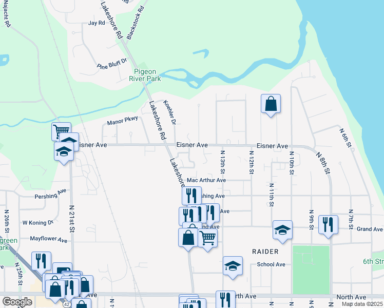 map of restaurants, bars, coffee shops, grocery stores, and more near 1417 Eisner Avenue in Sheboygan