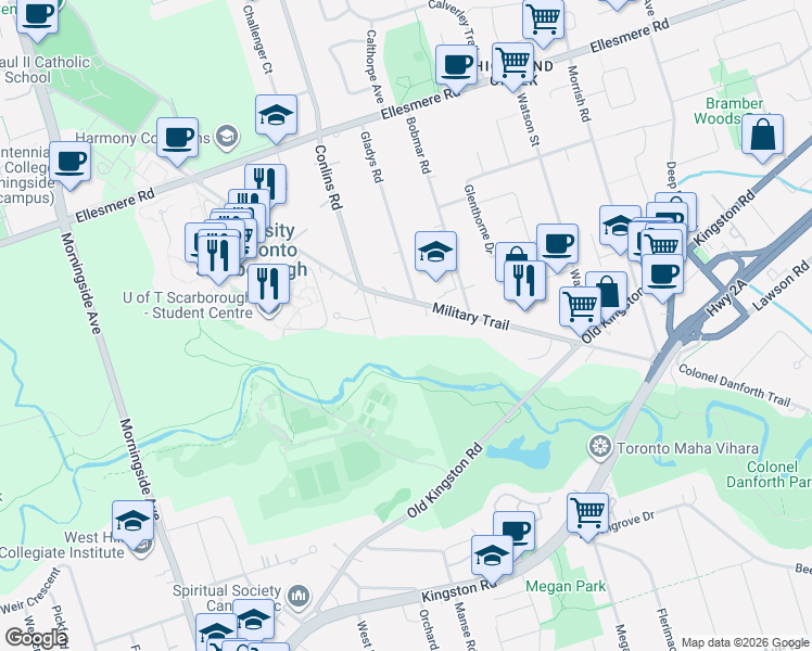 map of restaurants, bars, coffee shops, grocery stores, and more near in Toronto